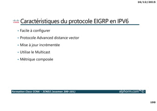 16/12/2015
199
Formation Cisco CCNA – ICND2 (examen 200-101) alphorm.com™©
Caractéristiques du protocole EIGRP en IPV6
• Facile à configurer
• Protocole Advanced distance vector
• Mise à jour incrémentée
• Utilise le Multicast
• Métrique composée
 