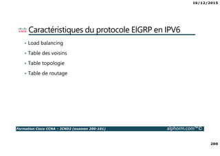 16/12/2015
200
Formation Cisco CCNA – ICND2 (examen 200-101) alphorm.com™©
Caractéristiques du protocole EIGRP en IPV6
• Load balancing
• Table des voisins
• Table topologie
• Table de routage
 