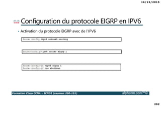 16/12/2015
202
Formation Cisco CCNA – ICND2 (examen 200-101) alphorm.com™©
Configuration du protocole EIGRP en IPV6
• Activation du protocole EIGRP avec de l’IPV6
 