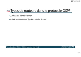 16/12/2015
212
Formation Cisco CCNA – ICND2 (examen 200-101) alphorm.com™©
Types de routeurs dans le protocole OSPF
• ABR : Area Border Router.
• ASBR : Autonomous System Border Router .
 