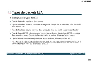 16/12/2015
213
Formation Cisco CCNA – ICND2 (examen 200-101) alphorm.com™©
Types de packets LSA
Il existe plusieurs types de LSA :
• Type 1 : Décrit les interfaces d’un routeur
• Type 2 : Décrit les routeurs connectés au segment. Envoyé par le DR sur les liens Broadcast
(voir section 2.7)
• Type 3 : Route de résumé envoyée dans une autre Area par l’ABR – Area Border Router
• Type 4 : Décrit l’ASBR – Autonomous System Border Router. Généré par l’ASBR et envoyé
dans les autres zones. Permet de faire connaitre le routeur ID dans d’autres zones.
• Type 5 : Routes redistribuées par l’ASBR (route externes, type RIP, EIGRP, etc…)
• Type 7 (sera abordé plus tard) : Comme le type 5, mais qui peut circuler dans une NSSA. Il
est transformé en Type 5 à la sortie de la NSSA
 