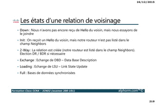 16/12/2015
219
Formation Cisco CCNA – ICND2 (examen 200-101) alphorm.com™©
Les états d’une relation de voisinage
• Down : Nous n’avons pas encore reçu de Hello du voisin, mais nous essayons de
le joindre
• Init : On reçoit un Hello du voisin, mais notre routeur n’est pas listé dans le
champ Neighbors
• 2-Way : La relation est créée (notre routeur est listé dans le champ Neighbors).
Election DR / BDR si nécessaire
• Exchange : Echange de DBD – Data Base Description
• Loading : Echange de LSU – Link State Update
• Full : Bases de données synchronisées
 
