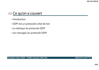 16/12/2015
231
Formation Cisco CCNA – ICND2 (examen 200-101) alphorm.com™©
Ce qu’on a couvert
• Introduction
• OSPF est un protocole à état de lien
• La métrique du protocole OSPF
• Les messages du protocole OSPF
 