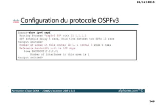 16/12/2015
249
Formation Cisco CCNA – ICND2 (examen 200-101) alphorm.com™©
Configuration du protocole OSPFv3
 