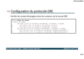 16/12/2015
312
Formation Cisco CCNA – ICND2 (examen 200-101) alphorm.com™©
Configuration du protocole GRE
• Verifier les routes échangées entre les routeurs via le tunnel GRE
 