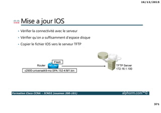 16/12/2015
371
Formation Cisco CCNA – ICND2 (examen 200-101) alphorm.com™©
Mise a jour IOS
• Vérifier la connectivité avec le serveur
• Vérifier qu’on a suffisamment d’espace disque
• Copier le fichier IOS vers le serveur TFTP
 
