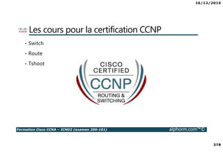 16/12/2015
378
Formation Cisco CCNA – ICND2 (examen 200-101) alphorm.com™©
Les cours pour la certification CCNP
• Switch
• Route
• Tshoot
 