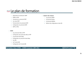 16/12/2015
5
Formation Cisco CCNA – ICND2 (examen 200-101) alphorm.com™©
Le plan de formation
1. Optimisaton du protocole EIGRP
2. EIGRP en IPV6
3. Introduction au protocole OSPF
4. Les zones OSPF
5. Fonctionnement du protocole OSPF
6. Configuration du protocole OSPF
7. OSPF en IPV6
• WAN
1. Les protocoles HDLC et PPP
2. Configuration des protocoles HDLC et PPP
3. Le protocole Frame Relay
4. Configuration du protocole Frame Relay
5. Les VPN
6. Les Tunnels GRE
7. Configuration des Tunnels GRE
• Gestion des reseaux
1. Le protocole SNMP
2. Le protocole Syslog
3. Le protocole Netflow
4. Gestion des configurations et des IOS
 