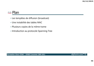 16/12/2015
56
Formation Cisco CCNA – ICND2 (examen 200-101) alphorm.com™©
Plan
• Les tempêtes de diffusion (broadcast)
• Une instabilité des tables MAC
• Plusieurs copies de la même trame
• Introduction au protocole Spanning Tree
 