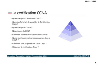 16/12/2015
6
Formation Cisco CCNA – ICND2 (examen 200-101) alphorm.com™©
La certification CCNA
• Qu’est ce que la certification CISCO ?
• Que signifie le fait de posséder la Certification
Cisco ?
• Qu’est ce que le CCNA ?
• Nouveautés du CCNA
• Comment obtient-on la certification CCNA ?
• Quels sont les connaissances couvertes dans le
CCNA ?
• Comment sont organisés les cours Cisco ?
• Où passer la certification Cisco ?
 