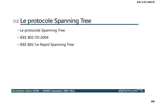 16/12/2015
60
Formation Cisco CCNA – ICND2 (examen 200-101) alphorm.com™©
Le protocole Spanning Tree
• Le protocole Spanning Tree
• IEEE 802.1D-2004
• IEEE 802.1w Rapid Spanning Tree
 