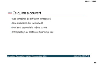16/12/2015
61
Formation Cisco CCNA – ICND2 (examen 200-101) alphorm.com™©
Ce qu’on a couvert
• Des tempêtes de diffusion (broadcast)
• Une instabilité des tables MAC
• Plusieurs copie de la même trame
• Introduction au protocole Spanning Tree
 