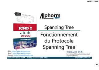16/12/2015
62
Formation Cisco CCNA – ICND2 (examen 200-101) alphorm.com™©
Redouane BAIK
Formateur et Consultant indépendant
Ingénierie Reseaux
Fonctionnement
du Protocole
Spanning Tree
Site : http://www.alphorm.com
Blog : http://blog.alphorm.com
Forum : http://forum.alphorm.com
Spanning Tree
 