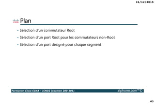 16/12/2015
63
Formation Cisco CCNA – ICND2 (examen 200-101) alphorm.com™©
Plan
• Sélection d'un commutateur Root
• Sélection d'un port Root pour les commutateurs non-Root
• Sélection d'un port désigné pour chaque segment
 