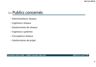 16/12/2015
7
Formation Cisco CCNA – ICND2 (examen 200-101) alphorm.com™©
Publics concernés
• Administrateurs réseaux
• Ingénieurs réseaux
• Gestionnaires de réseaux
• Ingénieurs systèmes
• Concepteurs réseaux
• Gestionnaires de projet
 