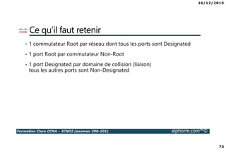 16/12/2015
73
Formation Cisco CCNA – ICND2 (examen 200-101) alphorm.com™©
Ce qu’il faut retenir
• 1 commutateur Root par réseau dont tous les ports sont Designated
• 1 port Root par commutateur Non-Root
• 1 port Designated par domaine de collision (liaison)
tous les autres ports sont Non-Designated
 