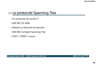 16/12/2015
6
Formation Cisco CCNA – ICND2 (examen 200-101) alphorm.com™©
La certification CCNA
• Qu’est ce que la certification CISCO ?
• Que signifie le fait de posséder la Certification
Cisco ?
• Qu’est ce que le CCNA ?
• Nouveautés du CCNA
• Comment obtient-on la certification CCNA ?
• Quels sont les connaissances couvertes dans le
CCNA ?
• Comment sont organisés les cours Cisco ?
• Où passer la certification Cisco ?
 