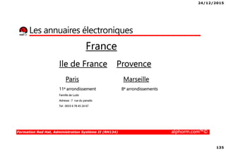 24/12/2015
135
Formation Red Hat, Administration Système II (RH134) alphorm.com™©
Les annuaires électroniques
France
Ile de France Provence
Paris Marseille
11e arrondissement 8e arrondissements
Famille de Ludo
Adresse : 7 rue du paradis
Tel : 0033 6 78 45 24 67
 