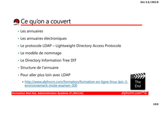 24/12/2015
152
Formation Red Hat, Administration Système II (RH134) alphorm.com™©
Ce qu’on a couvert
• Les annuaires
• Les annuaires électroniques
• Le protocole LDAP – Lightweight Directory Access Protocole
• Le modèle de nommage
• Le Directory Information Tree DIT
• Structure de l'annuaire
• Pour aller plus loin avec LDAP
http://www.alphorm.com/formation/formation-en-ligne-linux-lpic-3-
environnement-mixte-examen-300
 