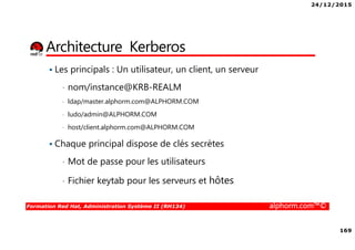 24/12/2015
169
Formation Red Hat, Administration Système II (RH134) alphorm.com™©
Architecture Kerberos
Les principals : Un utilisateur, un client, un serveur
• nom/instance@KRB-REALM
• ldap/master.alphorm.com@ALPHORM.COM
• ludo/admin@ALPHORM.COM
• host/client.alphorm.com@ALPHORM.COM
Chaque principal dispose de clés secrètes
• Mot de passe pour les utilisateurs
• Fichier keytab pour les serveurs et hôtes
 