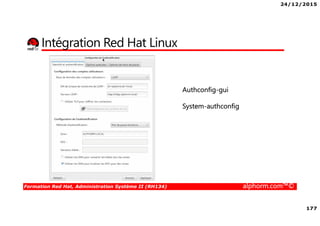 24/12/2015
7
Formation Red Hat, Administration Système II (RH134) alphorm.com™©
Le plan de formation
• Gestion de la sécurité
• Introduction au contrôle d’accès sous Linux
• Comprendre et mettre en oeuvre SELinux
• Le Pare feu
• Introduction au firewall
• Firewalld
• Contrôle et résolution des problèmes du processus de
démarrage
• Modifier les paramètres de démarrage
• Utilisation de rd.break
 
