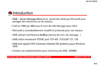 24/12/2015
212
Formation Red Hat, Administration Système II (RH134) alphorm.com™©
Introduction
• SMB – Server Message Block est le protocole utilisé par Microsoft pour
partager des ressources sur les réseaux
• Créé en 1985 par IBM sous le nom de LAN Manager pour OS/2
• Microsoft a considérablement modifié le protocole pour ses réseaux
• SMB utilisait l’architecture NetBios (service de nom, de message, ..)
• SMB utilise maintenant TCP/IP, port TCP 445. TCP/UDP 137, 138
• SMB était appelé CIFS (Common Internet File System) jusque Windows
2000
• Il existe une implémentation pour Unix/Linux de SMB : SAMBA
 
