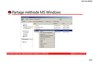 24/12/2015
214
Formation Red Hat, Administration Système II (RH134) alphorm.com™©
Partage méthode MS Windows
 