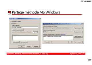 24/12/2015
215
Formation Red Hat, Administration Système II (RH134) alphorm.com™©
Partage méthode MS Windows
 