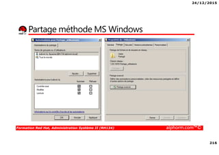 24/12/2015
216
Formation Red Hat, Administration Système II (RH134) alphorm.com™©
Partage méthode MS Windows
 