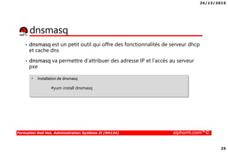 24/12/2015
25
Formation Red Hat, Administration Système II (RH134) alphorm.com™©
dnsmasq
• dnsmasq est un petit outil qui offre des fonctionnalités de serveur dhcp
et cache dns
• dnsmasq va permettre d’attribuer des adresse IP et l’accès au serveur
pxe
• Installation de dnsmasq
#yum install dnsmasq
 