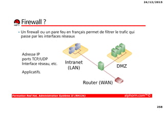 24/12/2015
258
Formation Red Hat, Administration Système II (RH134) alphorm.com™©
Firewall ?
• Un firewall ou un pare feu en français permet de filtrer le trafic qui
passe par les interfaces réseaux
Adresse IP
ports TCP/UDP
Interface réseau, etc.
Applicatifs.
 
