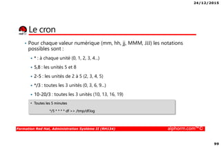 24/12/2015
99
Formation Red Hat, Administration Système II (RH134) alphorm.com™©
Le cron
• Pour chaque valeur numérique (mm, hh, jj, MMM, JJJ) les notations
possibles sont :
* : à chaque unité (0, 1, 2, 3, 4...)
5,8 : les unités 5 et 8
2-5 : les unités de 2 à 5 (2, 3, 4, 5)
*/3 : toutes les 3 unités (0, 3, 6, 9...)
10-20/3 : toutes les 3 unités (10, 13, 16, 19)
• Toutes les 5 minutes
*/5 * * * * df >> /tmp/df.log
 