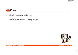 31/12/2015
103
Formation Office 365 avancé alphorm.com™©
Plan
• Environnement de Lab
• Prérequis avant la migration
 