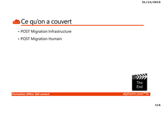 31/12/2015
115
Formation Office 365 avancé alphorm.com™©
Ce qu’on a couvert
• POST Migration Infrastructure
• POST Migration Humain
 