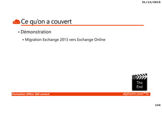31/12/2015
124
Formation Office 365 avancé alphorm.com™©
Ce qu’on a couvert
• Démonstration
Migration Exchange 2013 vers Exchange Online
 