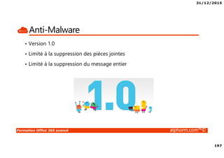 31/12/2015
197
Formation Office 365 avancé alphorm.com™©
Anti-Malware
• Version 1.0
• Limité à la suppression des pièces jointes
• Limité à la suppression du message entier
 