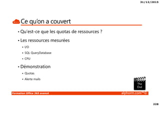 31/12/2015
228
Formation Office 365 avancé alphorm.com™©
Ce qu’on a couvert
• Qu’est-ce que les quotas de ressources ?
• Les ressources mesurées
I/O
SQL QueryDatabase
CPU
• Démonstration
Quotas
Alerte mails
 