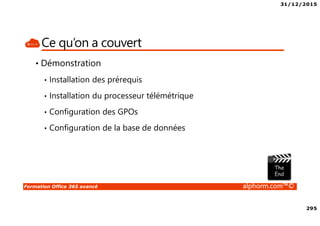 31/12/2015
13
Formation Office 365 avancé alphorm.com™©
Fonctionnement de AAD-Connect
• Utilisateurs AD
• Groupes AD
• Récupération depuis l’Active Directory
• Pousse vers Office 365
• Reçoit les objets Active Directory
• Pas d’attribution de licence
 