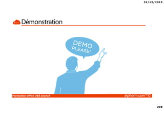 31/12/2015
13
Formation Office 365 avancé alphorm.com™©
Fonctionnement de AAD-Connect
• Utilisateurs AD
• Groupes AD
• Récupération depuis l’Active Directory
• Pousse vers Office 365
• Reçoit les objets Active Directory
• Pas d’attribution de licence
 