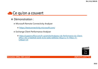 31/12/2015
322
Formation Office 365 avancé alphorm.com™©
Ce qu’on a couvert
Démonstration :
Microsoft Remote Connectivity Analyser
https://testconnectivity.microsoft.com/
Exchange Client Performance Analyser
https://support.office.com/fr-ca/article/Analyseur-de-Performance-du-Client-
Office-365-e16b0928-bd38-423b-bd4e-b8402bc106aa?ui=fr-FR&rs=fr-
CA&ad=CA
 