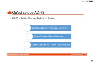 31/12/2015
37
Formation Office 365 avancé alphorm.com™©
Qu’est ce que AD-FS
• AD-FS = Active Directory Federated Service
 