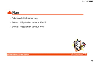 31/12/2015
43
Formation Office 365 avancé alphorm.com™©
Plan
• Schéma de l’infrastructure
• Démo : Préparation serveur AD-FS
• Démo : Préparation serveur WAP
 