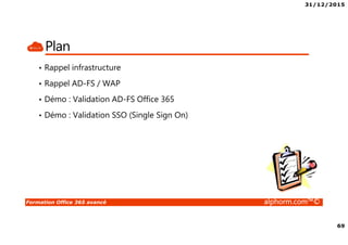 31/12/2015
69
Formation Office 365 avancé alphorm.com™©
Plan
• Rappel infrastructure
• Rappel AD-FS / WAP
• Démo : Validation AD-FS Office 365
• Démo : Validation SSO (Single Sign On)
 