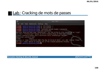06/01/2016
158
Lab : Cracking de mots de passes
Formation Hacking & Sécurité, Avancé alphorm.com™©
 