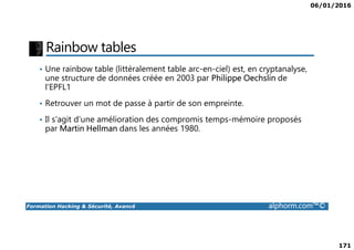 06/01/2016
171
Rainbow tables
• Une rainbow table (littéralement table arc-en-ciel) est, en cryptanalyse,
une structure de données créée en 2003 par Philippe Oechslin de
l'EPFL1
• Retrouver un mot de passe à partir de son empreinte.
• Il s'agit d'une amélioration des compromis temps-mémoire proposés
par Martin Hellman dans les années 1980.
Formation Hacking & Sécurité, Avancé alphorm.com™©
par Martin Hellman dans les années 1980.
 