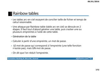 06/01/2016
172
Rainbow tables
• Les tables arc-en-ciel essayent de concilier taille de fichier et temps de
calcul raisonnable.
• Une attaque par Rainbow table (table arc-en ciel) se déroule en 2
étapes. Il faut tout d’abord générer une table, puis cracker une ou
plusieurs empreintes à l’aide de cette table.
• Génération de la table
Formation Hacking & Sécurité, Avancé alphorm.com™©
• Génération de la table
• Calculer à partir d’une empreinte, un mot de passe.
• LE mot de passe qui correspond à l’empreinte (une telle fonction
n’existe pas), mais UN mot de passe.
• On dit que l’on réduit l’empreinte.
 
