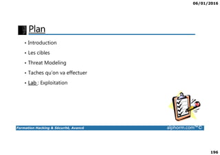 06/01/2016
196
Plan
• Introduction
• Les cibles
• Threat Modeling
• Taches qu’on va effectuer
Formation Hacking & Sécurité, Avancé alphorm.com™©
• Lab : Exploitation
 