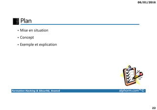 06/01/2016
22
Plan
• Mise en situation
• Concept
• Exemple et explication
Formation Hacking & Sécurité, Avancé alphorm.com™©
 