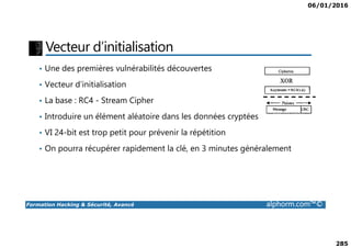 06/01/2016
285
Vecteur d’initialisation
• Une des premières vulnérabilités découvertes
• Vecteur d‘initialisation
• La base : RC4 - Stream Cipher
• Introduire un élément aléatoire dans les données cryptées
Formation Hacking & Sécurité, Avancé alphorm.com™©
• VI 24-bit est trop petit pour prévenir la répétition
• On pourra récupérer rapidement la clé, en 3 minutes généralement
 