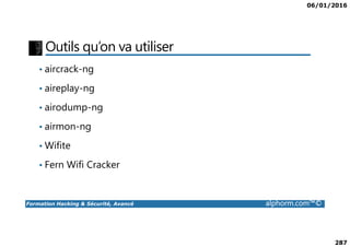 06/01/2016
287
Outils qu’on va utiliser
• aircrack-ng
• aireplay-ng
• airodump-ng
• airmon-ng
Formation Hacking & Sécurité, Avancé alphorm.com™©
• airmon-ng
• Wifite
• Fern Wifi Cracker
 